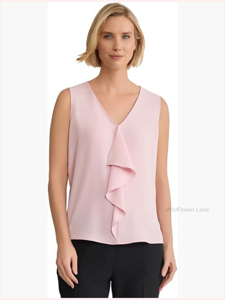 Sleeveless V-Neck Cascade Ruffle Blouse Work Top